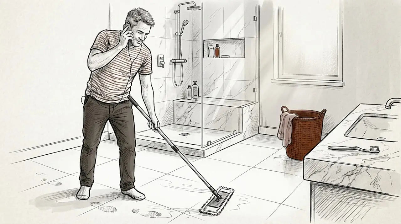 Cleaning large format bathroom tile floor