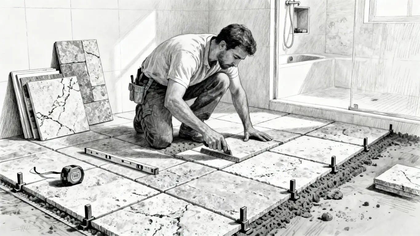 Installer preparing travertine bathroom tile layout