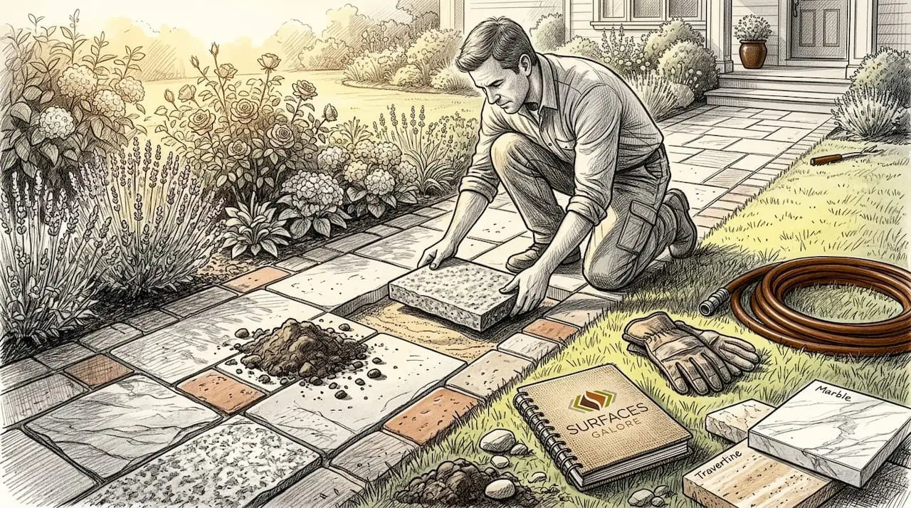 Homeowner installing stone pavers outdoors
