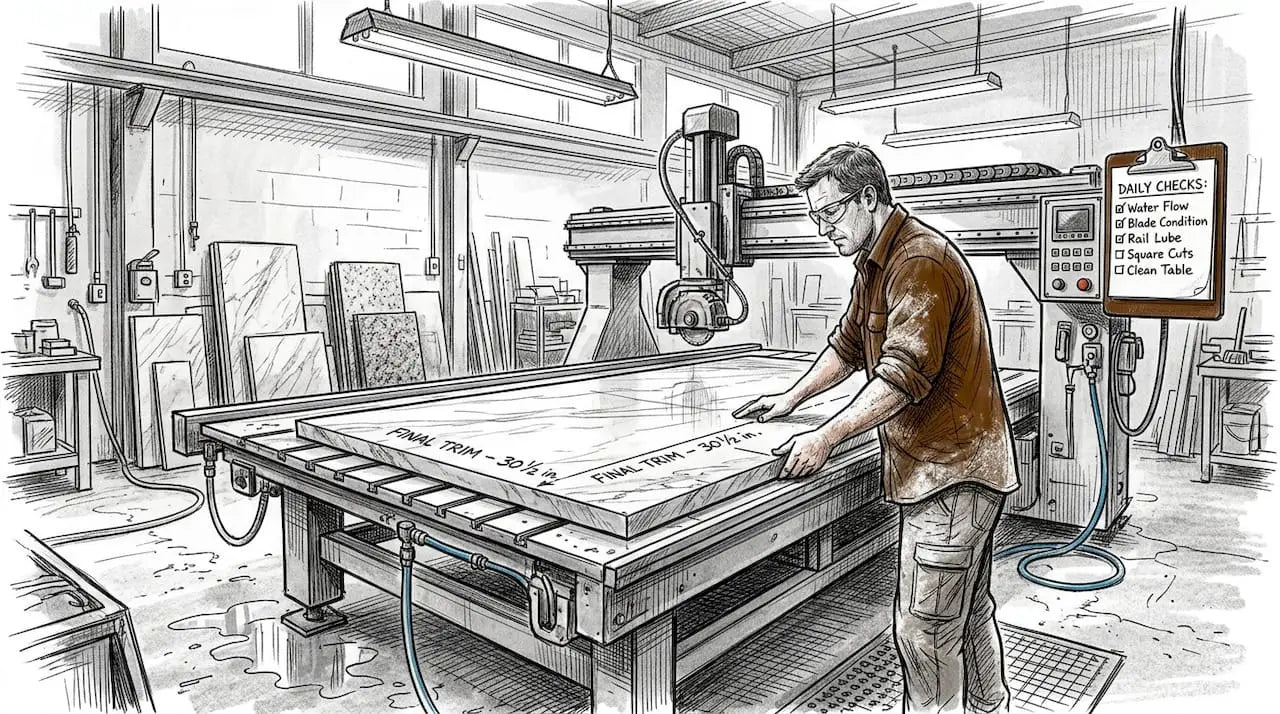 Operator trimming marble slab in workshop