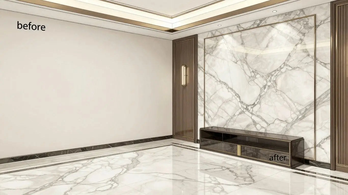 Marble transformation sketch: plain room to luxurious marble interior.