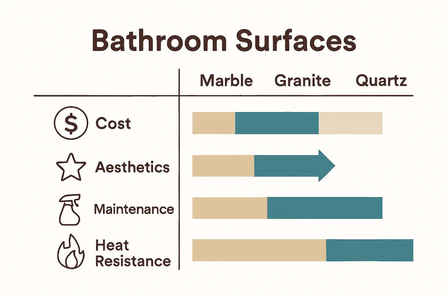 Infographic comparing marble, granite, and quartz for bathroom design.