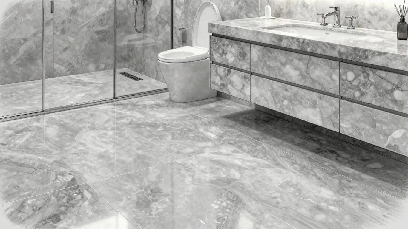 Silver travertine tiles in a bathroom sketch.