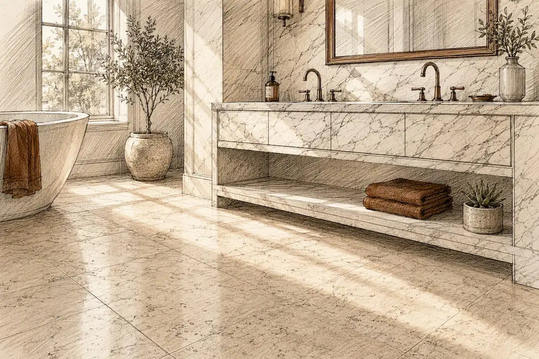 Bathroom with travertine floor and marble vanity