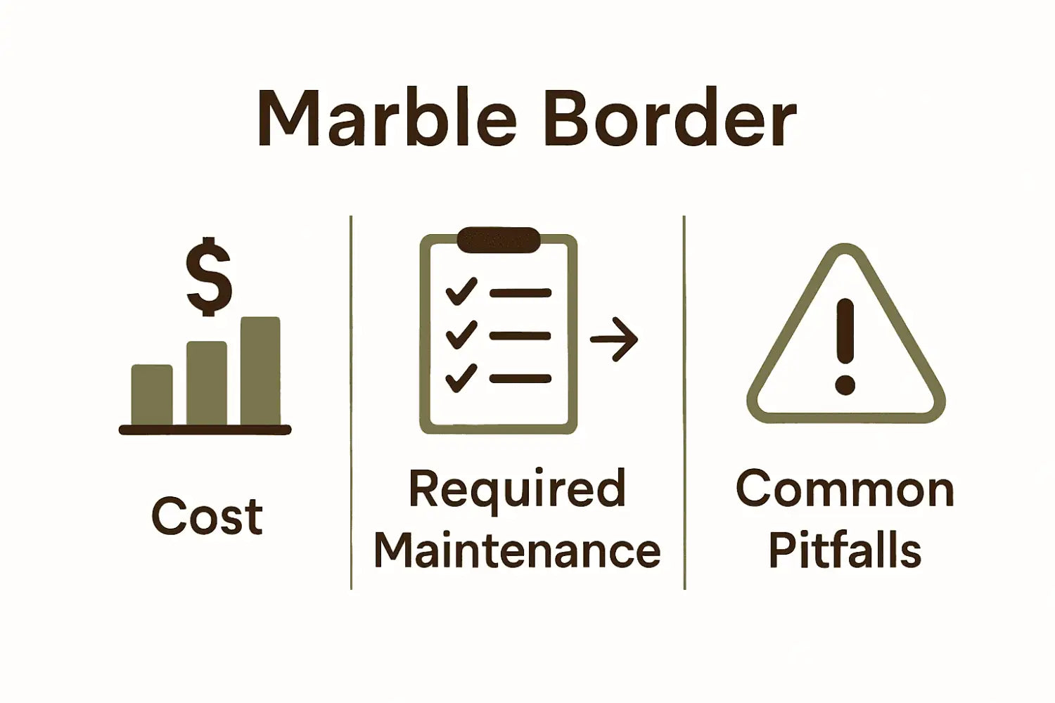 Infographic comparing costs, maintenance, and pitfalls of marble borders