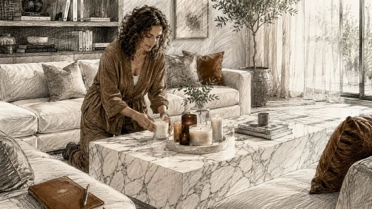 Calacatta marble kitchen island with woman arranging flowers