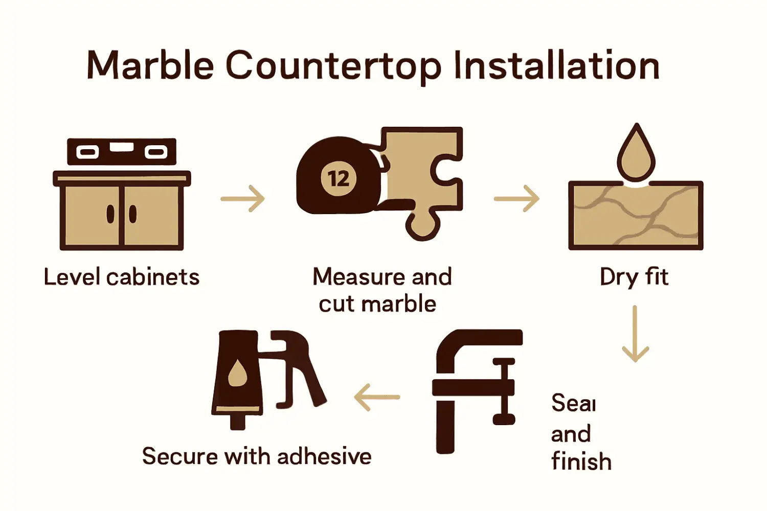 Infographic showing five step marble countertop installation process with icons.