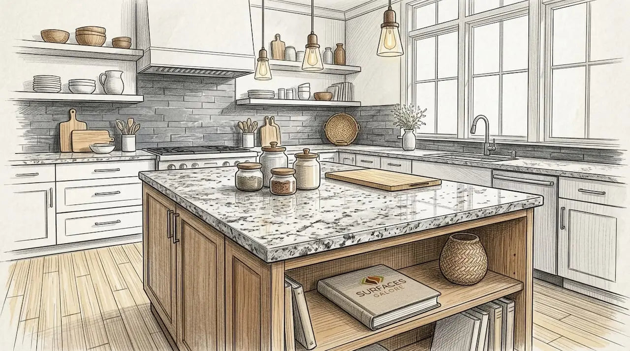 Luxury kitchen featuring marble countertop and travertine floor