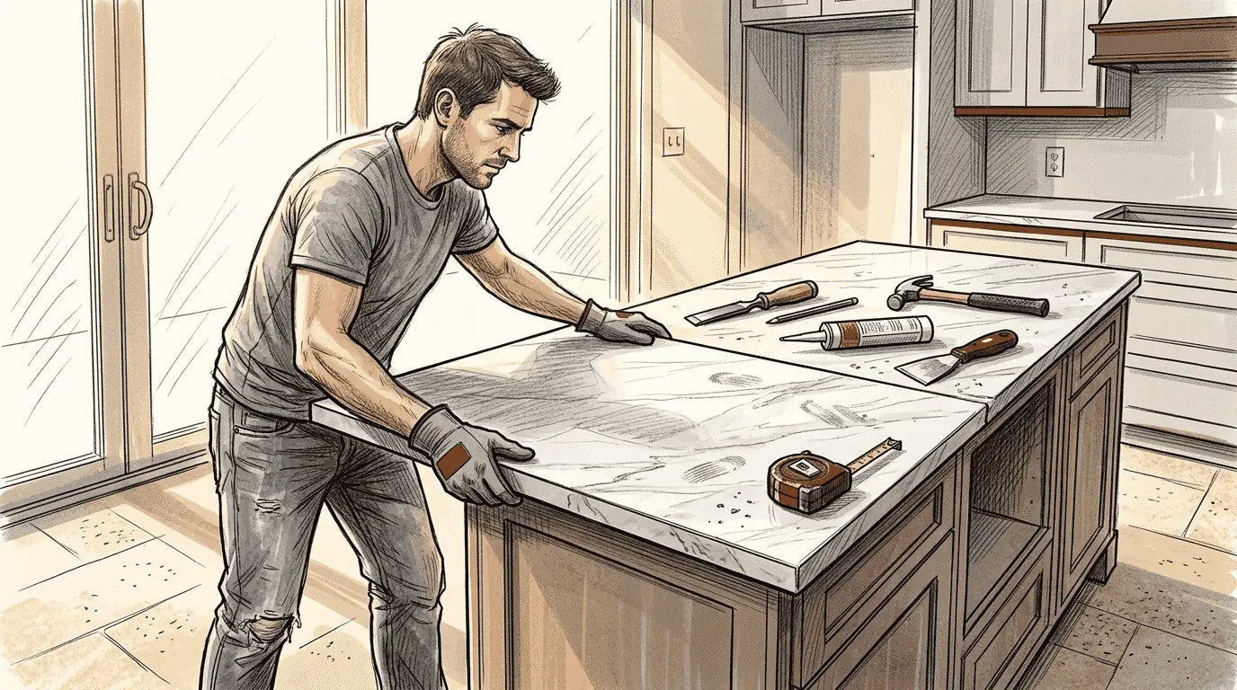 Installer places marble countertop in kitchen