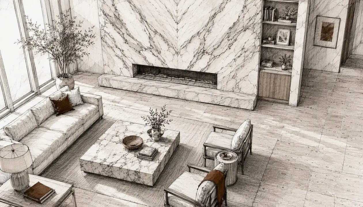 Adjoining rooms with bookmatched marble and honed travertine floors