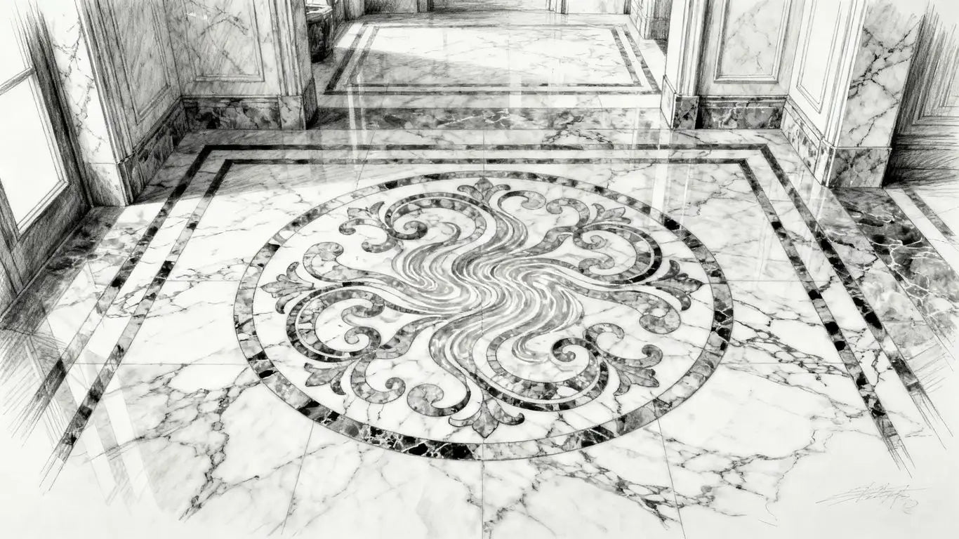 Detalle intrincado de mosaico de mármol con corte de agua