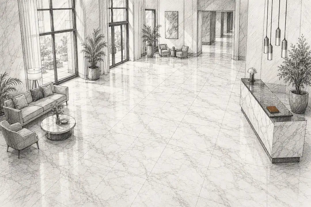 Matched marble flooring in an elegant hotel lobby