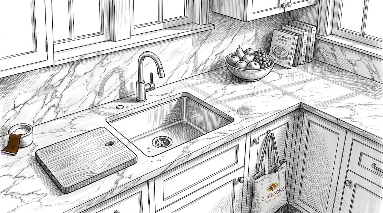 Elegant marble countertop in bright kitchen