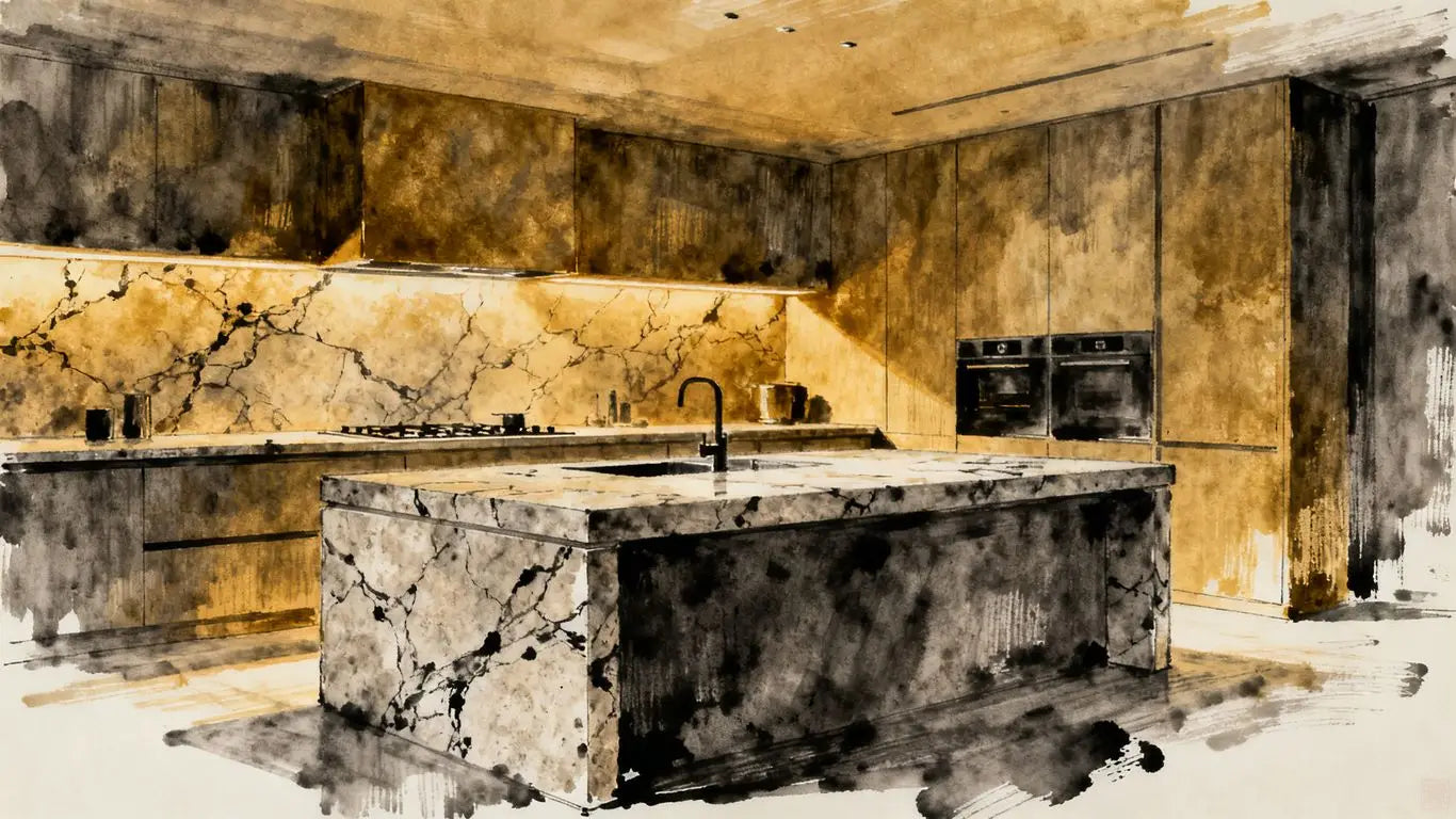 Kitchen featuring marble backsplash