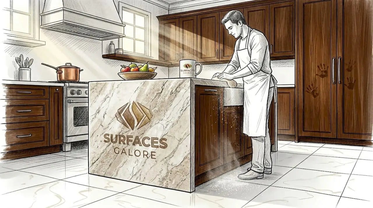 Person in upscale kitchen on porcelain tile floor