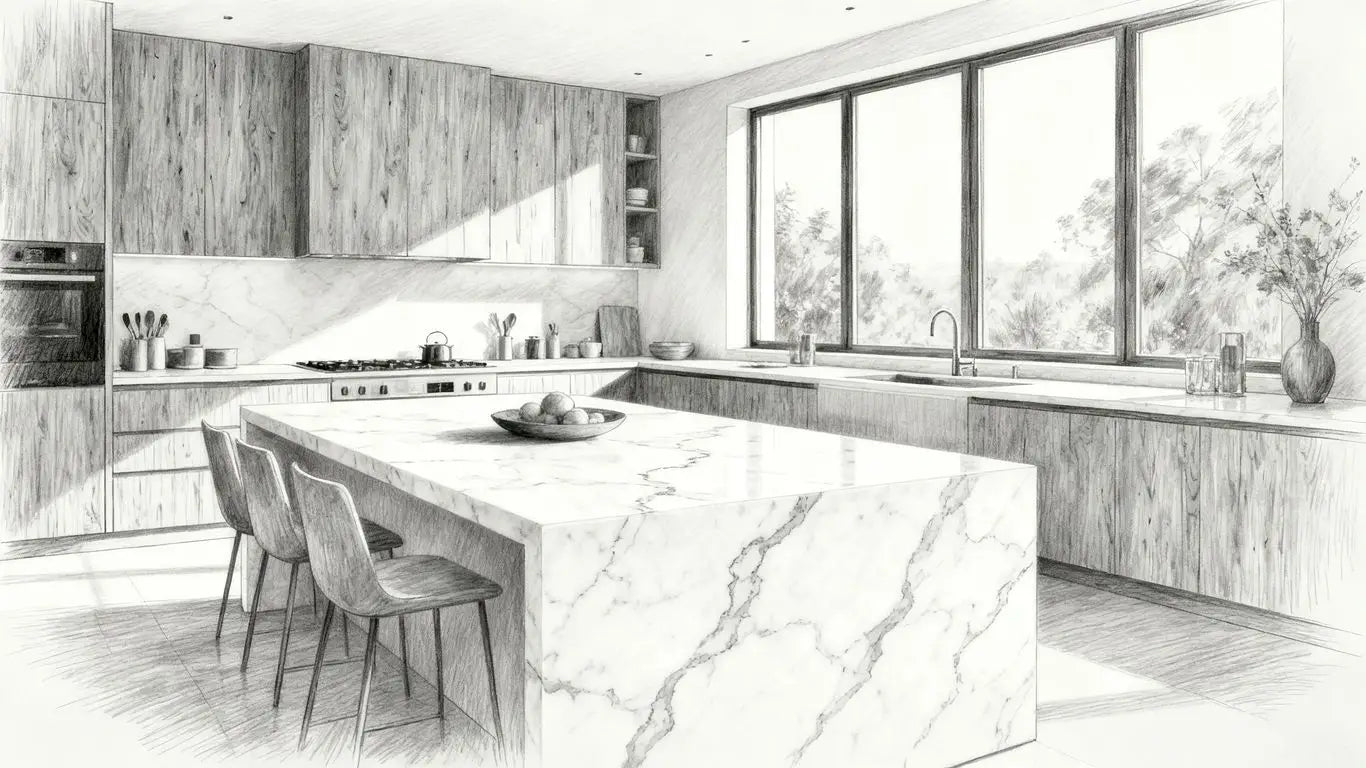 A kitchen island featuring bright white stone countertops