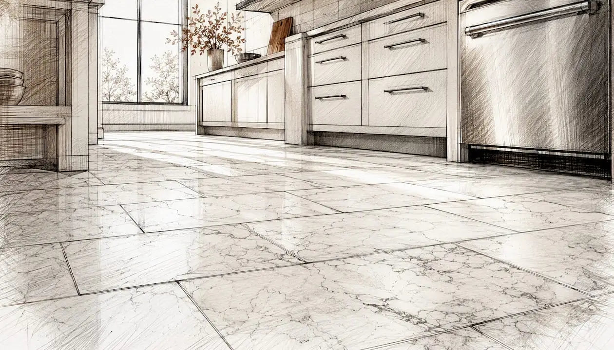Kitchen floor with marble tiles in running bond pattern