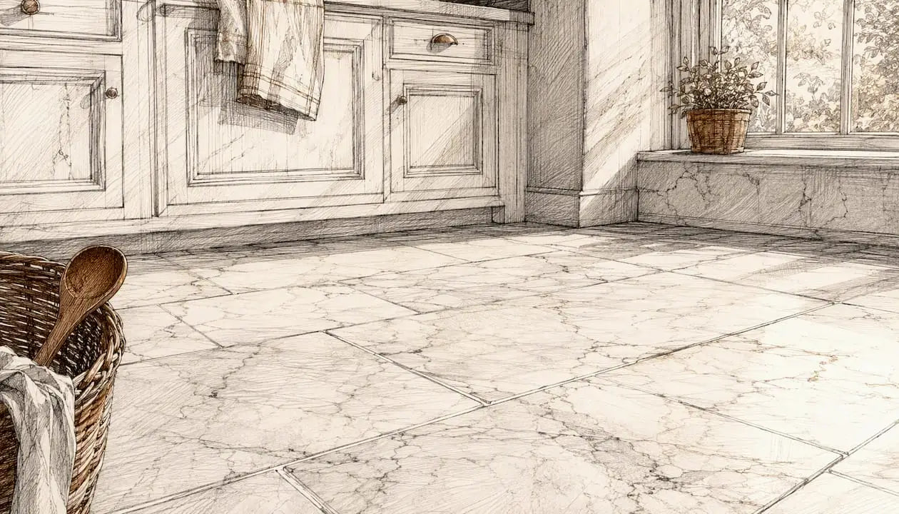 Honed marble tile floor in kitchen interior