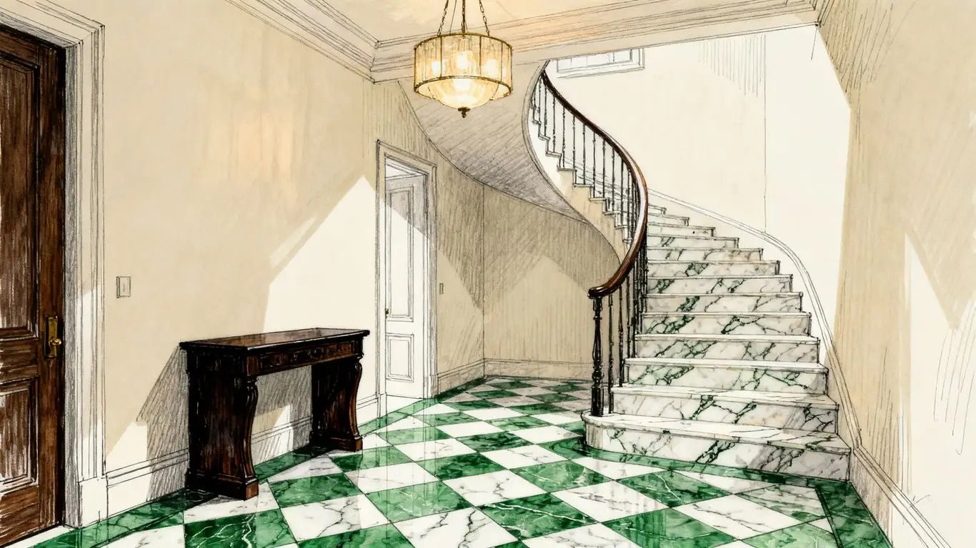 Green and white marble checkerboard floor