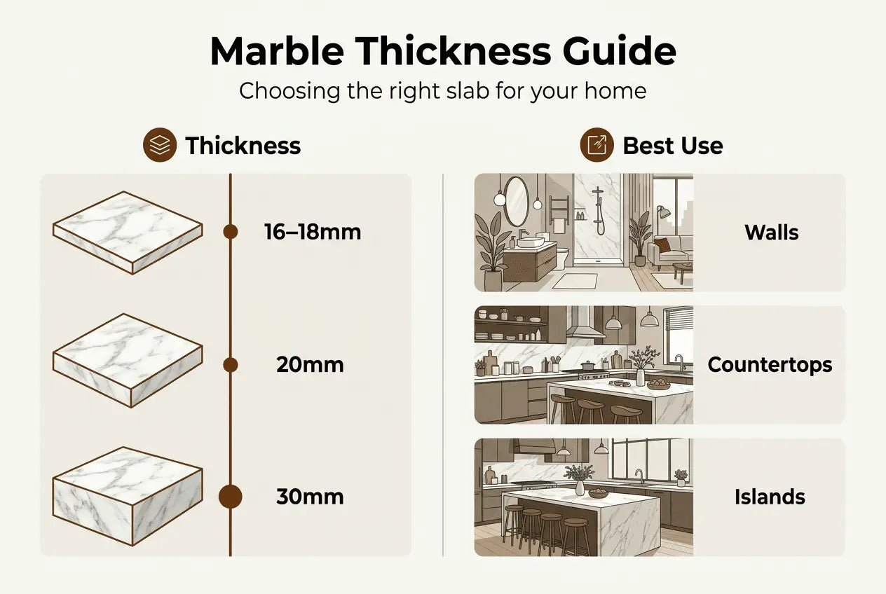 Infographic showing marble thickness and best use