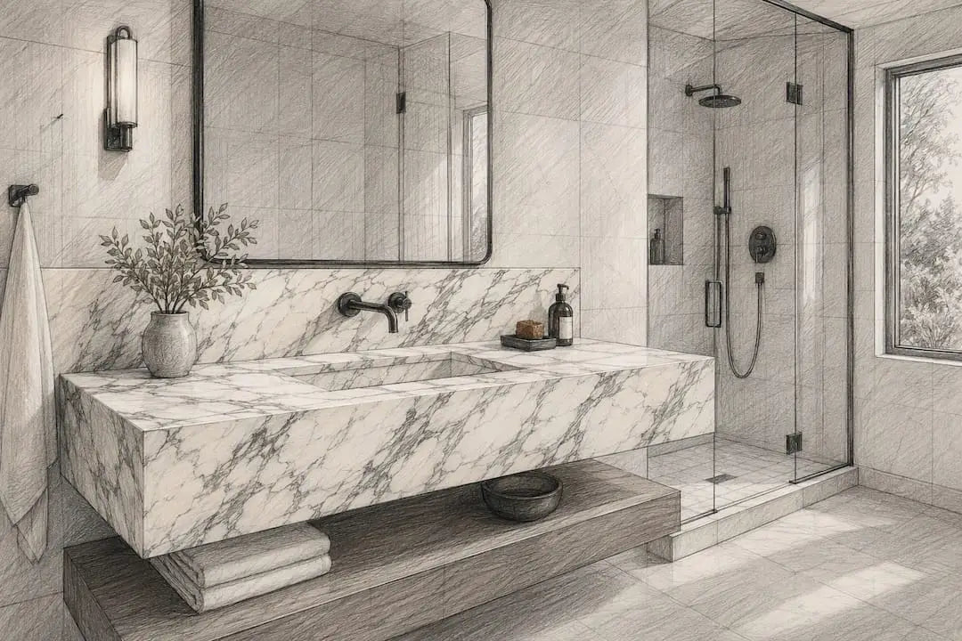 Arabescato marble vanity in modern bathroom