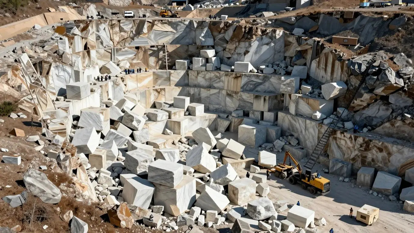 Marble quarry with extracted stone blocks.