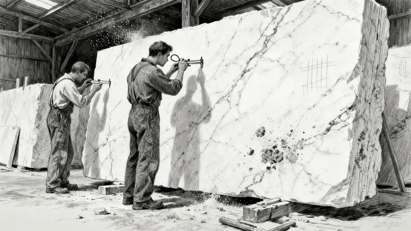 Artisans examining raw marble slabs at a warehouse