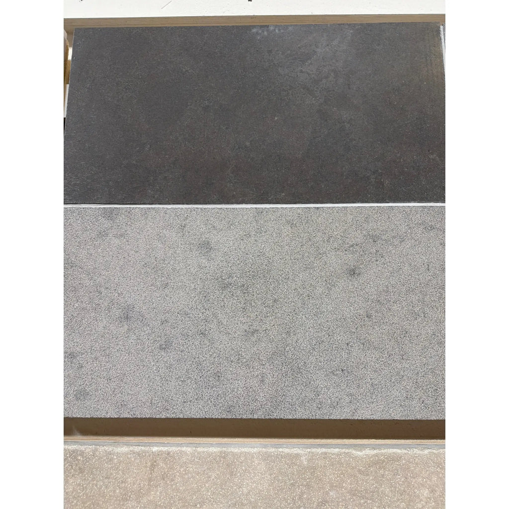 Milano Heritage reclaimed limestone tile: dark and light gray textured slabs, 16x24 multi finish blend