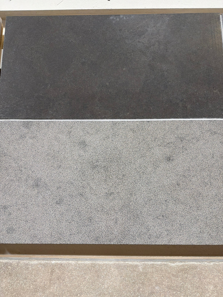 Milano Heritage reclaimed limestone tile: dark and light gray textured slabs, 16x24 multi finish blend