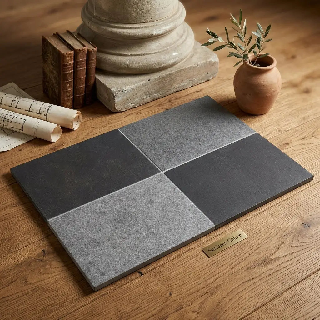 Four rectangular slate tiles in dark and medium gray shades arranged on wood milano heritage 16x24 multi finish reclaimed limestone tile