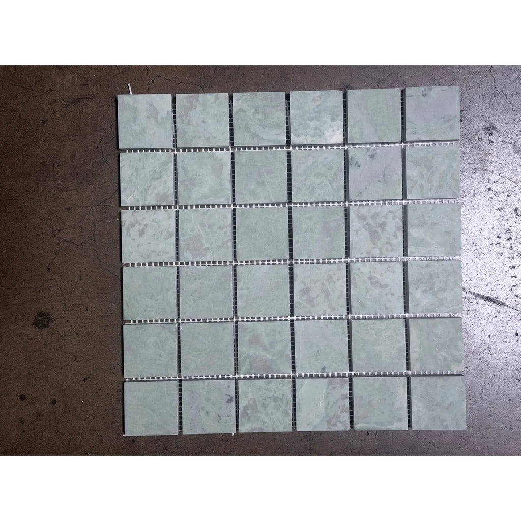 Gray marble mosaic tile panel with subtle veining, 2x2 polished-honed squares