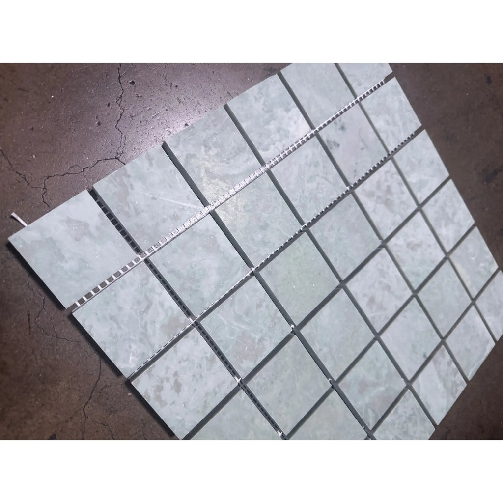 Gray marble mosaic tile with veining, metallic grout, Ming Green 2x2 polished-honed
