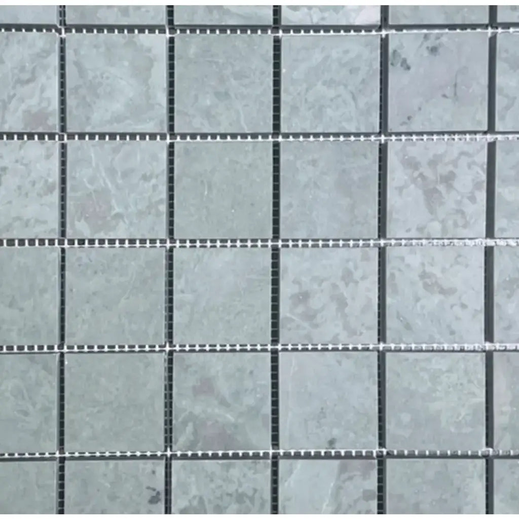 Gray marble mosaic tile with black grout, white dots, Ming Green 2x2 polished-honed