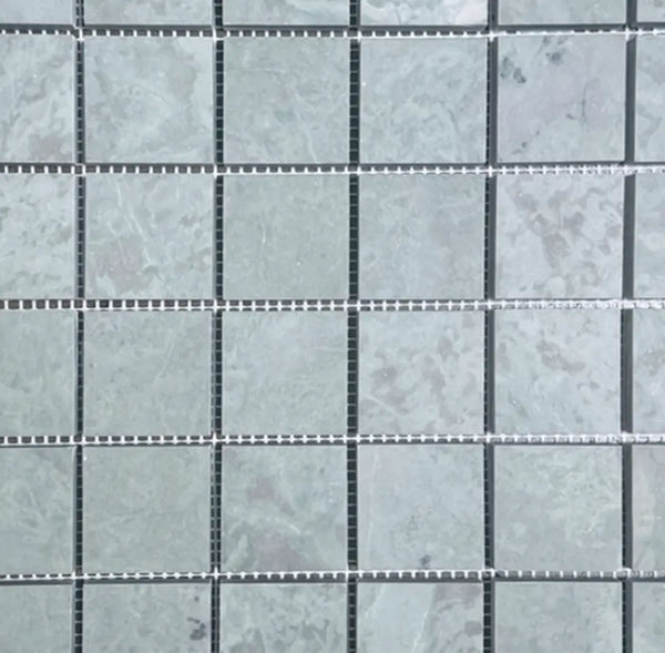 Gray marble mosaic tile with black grout, white dots, Ming Green 2x2 polished-honed