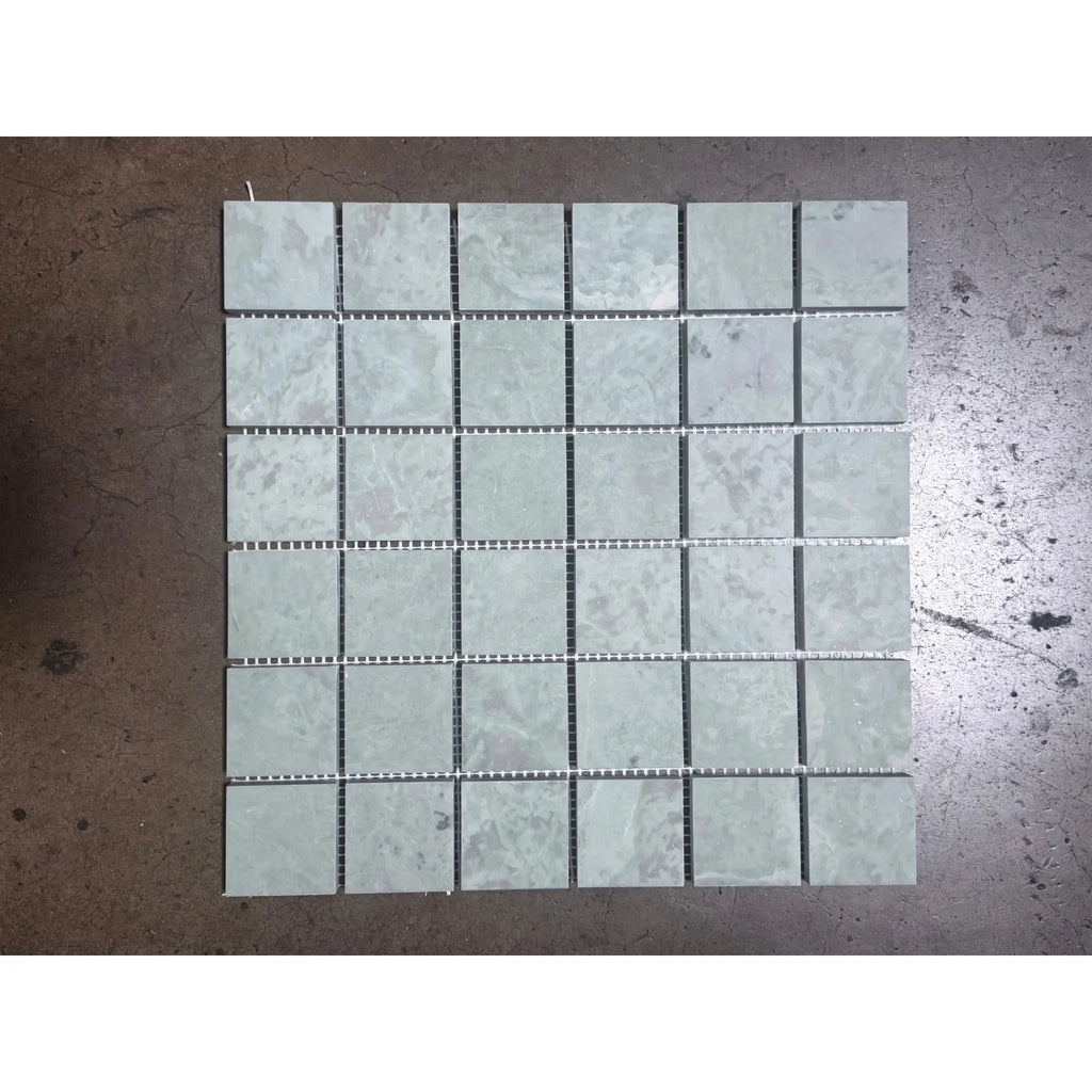 Light gray Ming Green 2x2 mosaic marble tile, matte veining finish