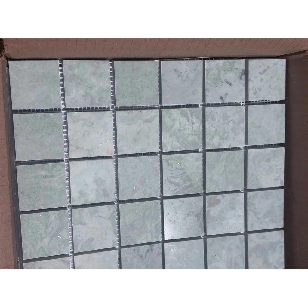 Square gray marble mosaic tiles, Ming Green 2x2 polished-honed grid