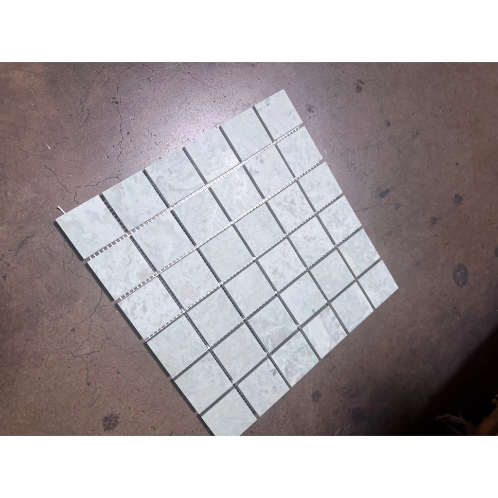 White marble Ming Green 2x2 mosaic tile with gray veining, polished-honed