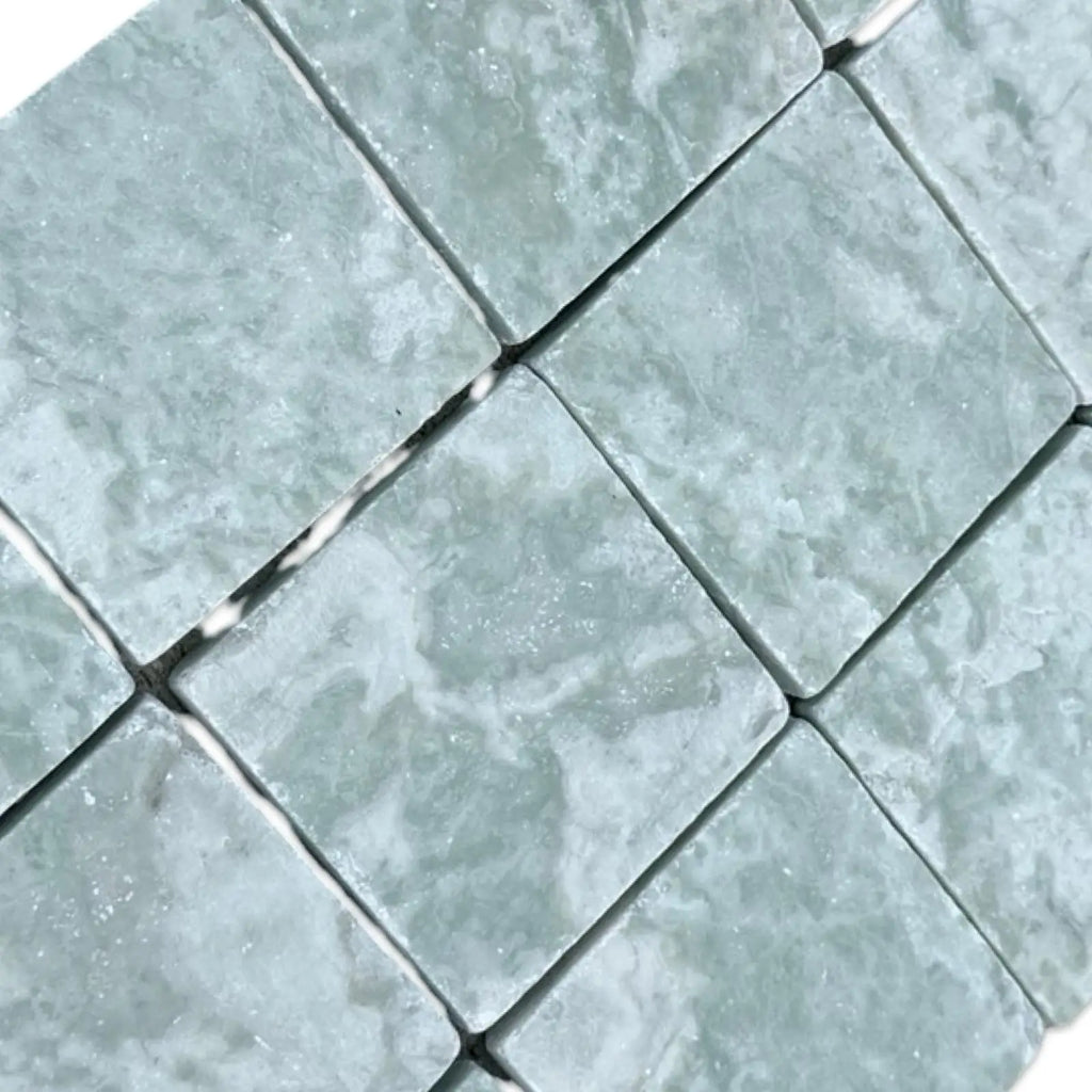 Sage green square mosaic tiles with subtle marbled pattern for Ming Green 3X3 Tumbled