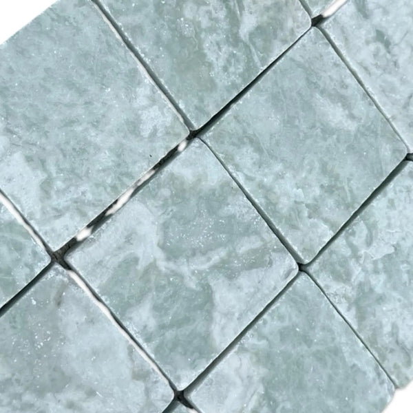 Sage green square mosaic tiles with subtle marbled pattern for Ming Green 3X3 Tumbled