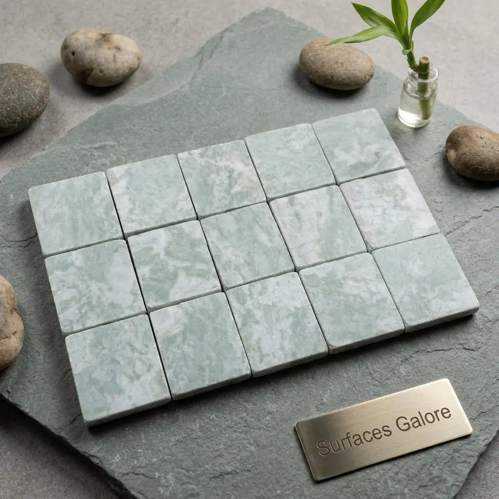 Set of sixteen ming green 3x3 tumbled marble tiles in light green with subtle veining arranged in a grid