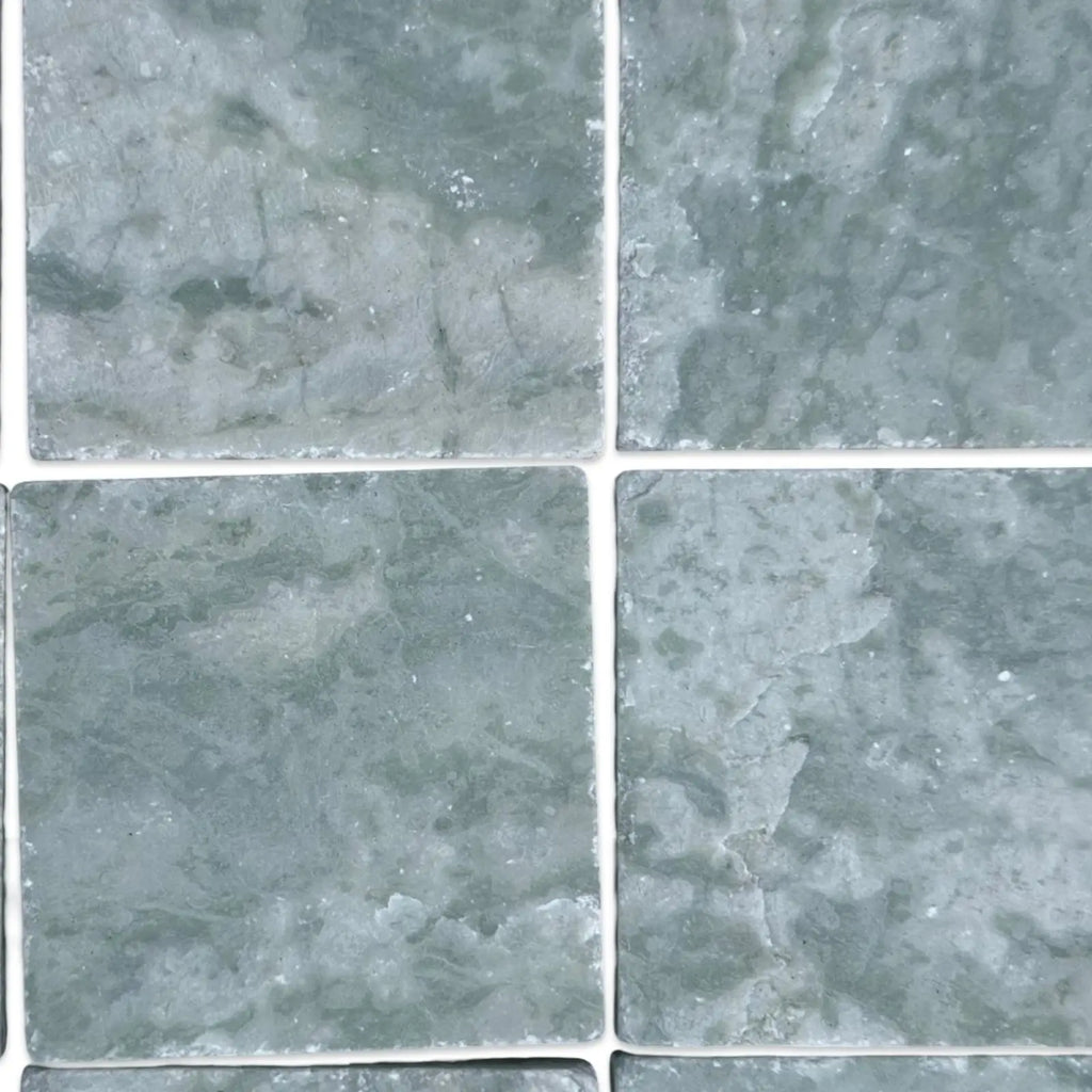 Square Ming Green 3x3 Tumbled tiles with muted green color and white grout lines