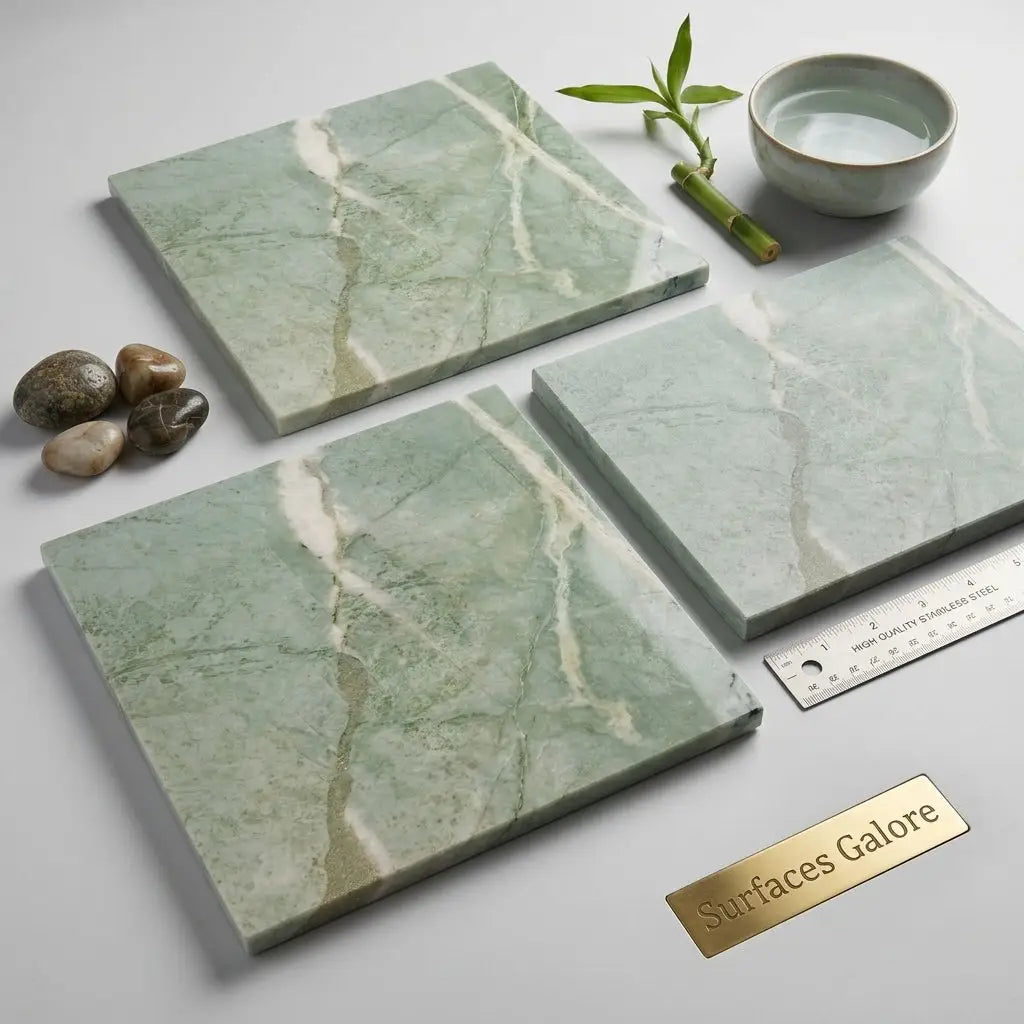 Ming green jade green 12x12 marble polished tile with green color and elegant white veining pattern