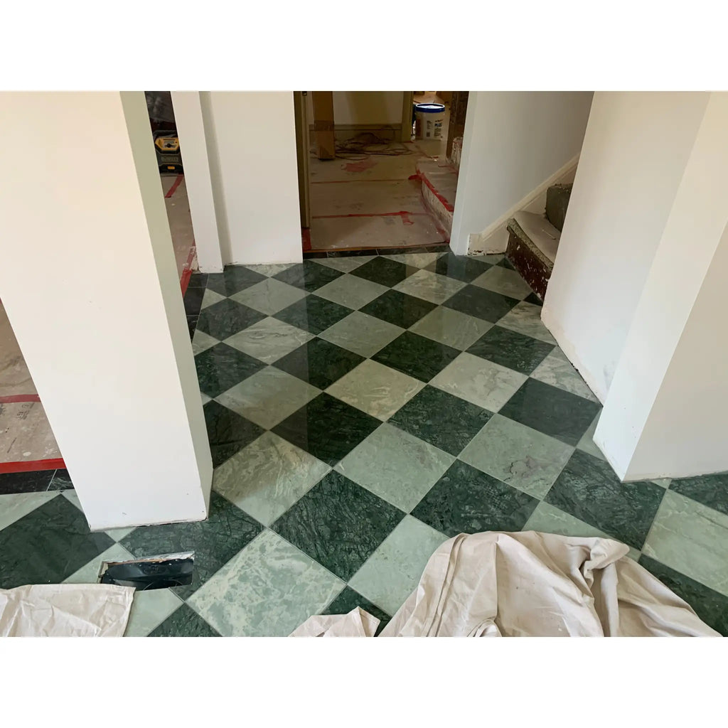 Polished or honed 12x12 ming green and jade green checkered marble floor tiles with green and white colors
