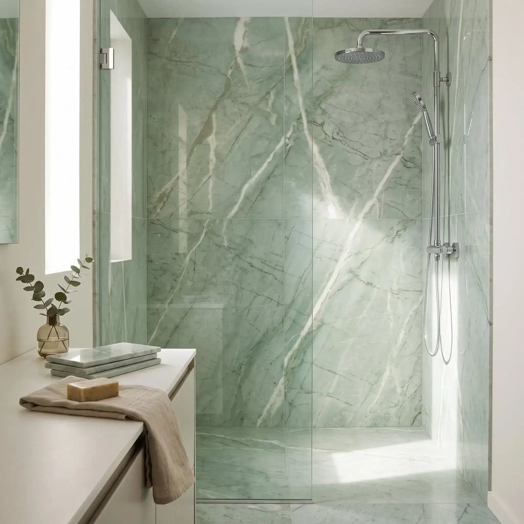Ming Green jade green 12x24 marble polished with a sleek chrome circular spray head shower fixture
