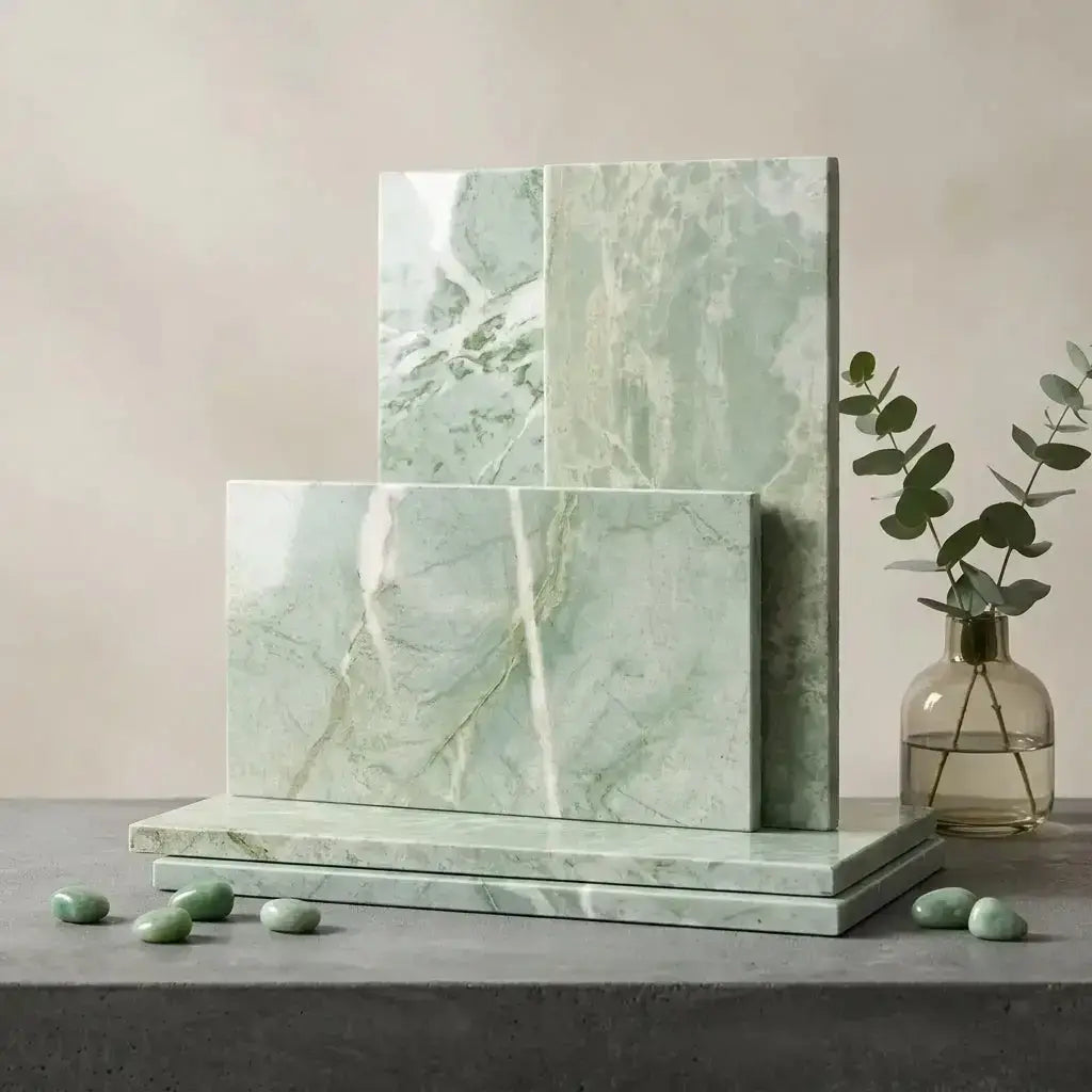 Stacked rectangular ming green jade green 12x24 marble polished tiles with light green marble pattern and subtle veining