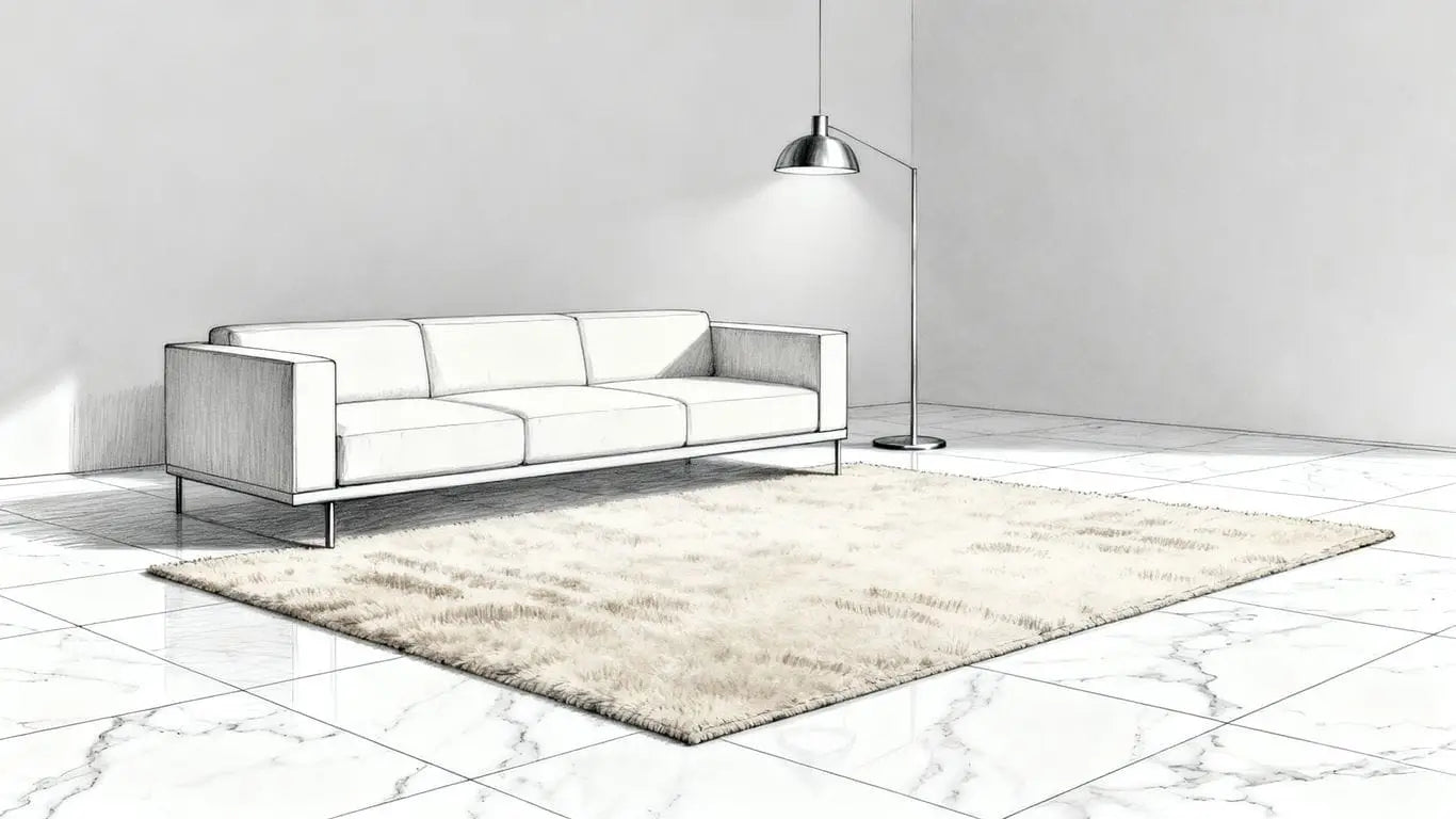 A minimalist interior room with white stone flooring