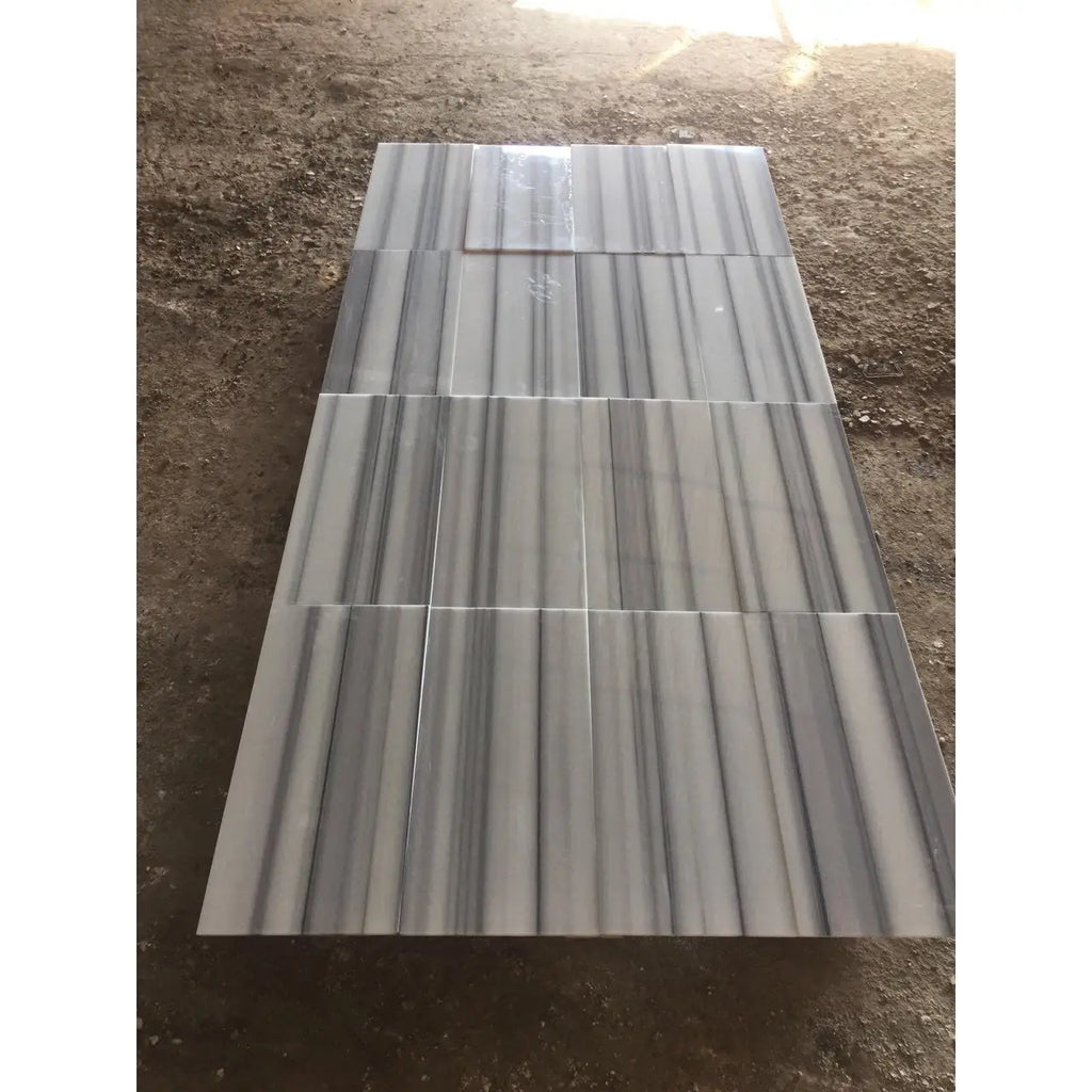 Polished Mink Marmara Equator Zebra marble 12x24 tiles in gray white stripes
