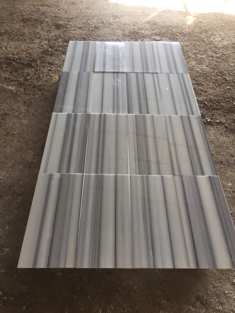 Polished Mink Marmara Equator Zebra marble 12x24 tiles in gray white stripes
