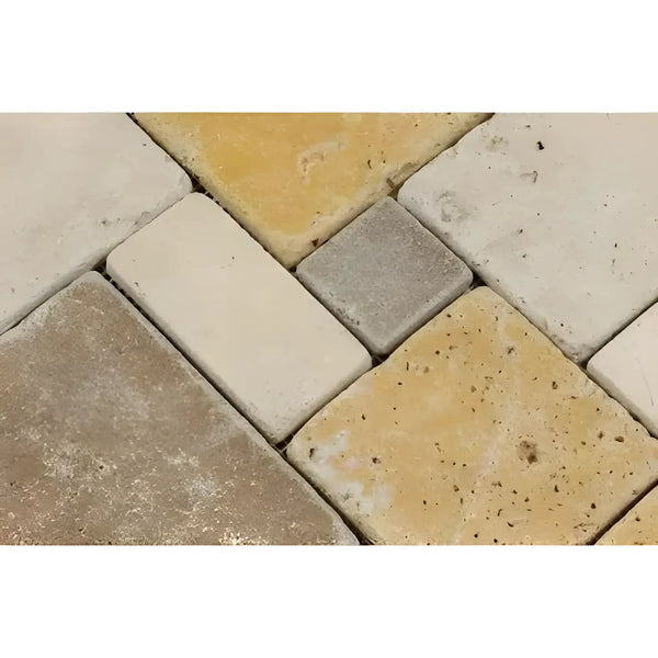 Tumbled travertine pavers in Mixed Ivory Noce Gold OPUS Mini-Pattern mosaic design