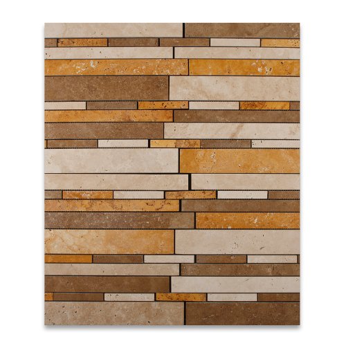 Terracotta and cream travertine mosaic panel in mixed ivory, noce, gold honed strips